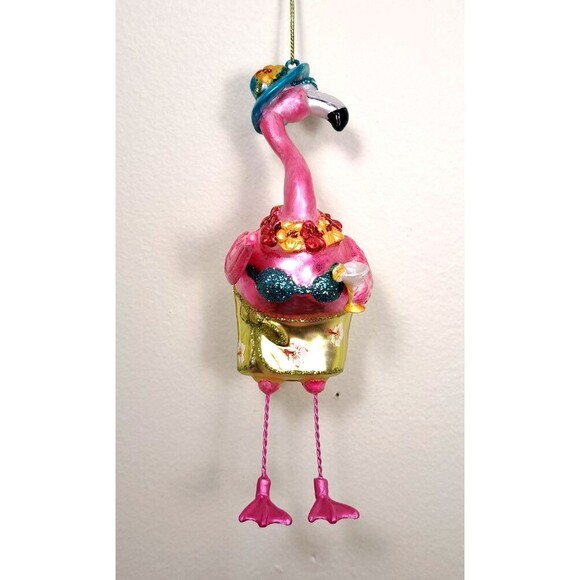 December Diamonds Pink Flamingo Glass Ornament 6" Christmas w/ Drink 05-05090 - Picture 4 of 4